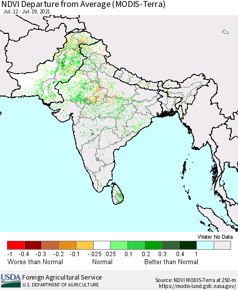 Southern Asia NDVI Departure from Average (Terra-MODIS) Thematic Map For 7/11/2021 - 7/20/2021