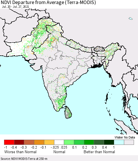 Southern Asia NDVI Departure from Average (Terra-MODIS) Thematic Map For 7/20/2021 - 7/27/2021