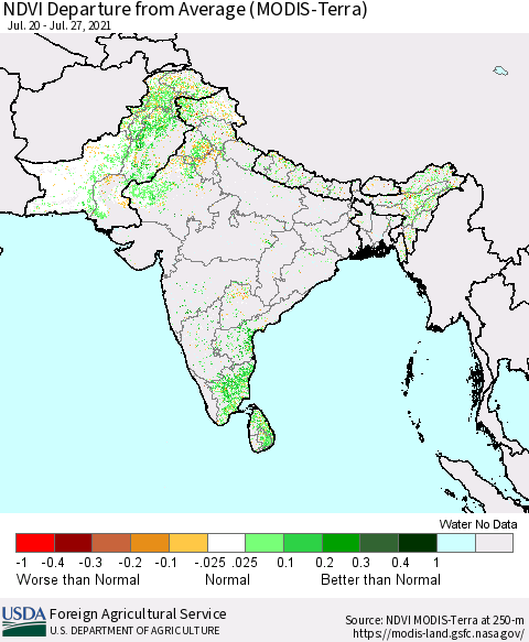 Southern Asia NDVI Departure from Average (Terra-MODIS) Thematic Map For 7/21/2021 - 7/31/2021