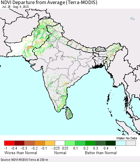 Southern Asia NDVI Departure from Average (Terra-MODIS) Thematic Map For 7/28/2021 - 8/4/2021