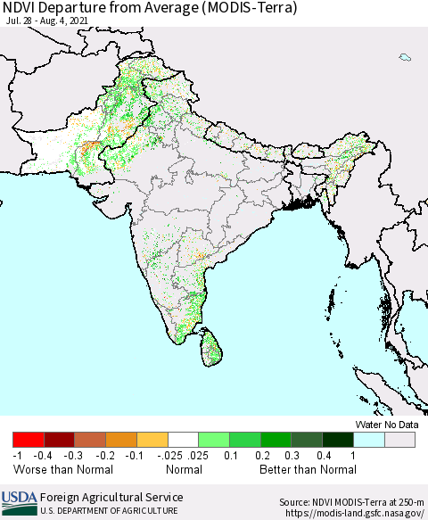 Southern Asia NDVI Departure from Average (Terra-MODIS) Thematic Map For 8/1/2021 - 8/10/2021