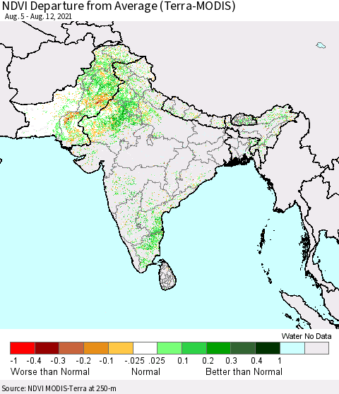 Southern Asia NDVI Departure from Average (Terra-MODIS) Thematic Map For 8/5/2021 - 8/12/2021
