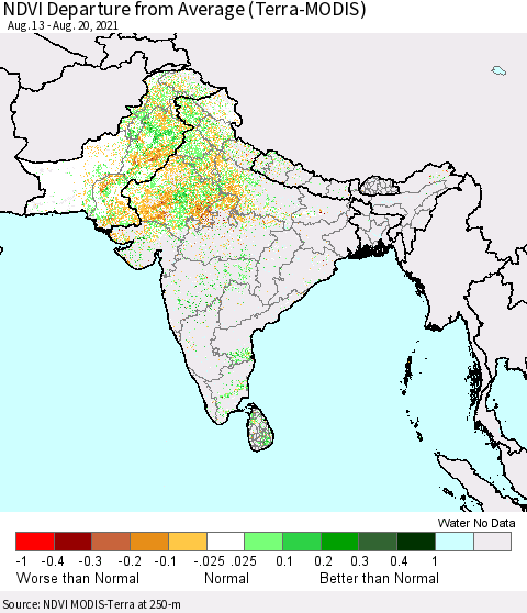 Southern Asia NDVI Departure from Average (Terra-MODIS) Thematic Map For 8/13/2021 - 8/20/2021