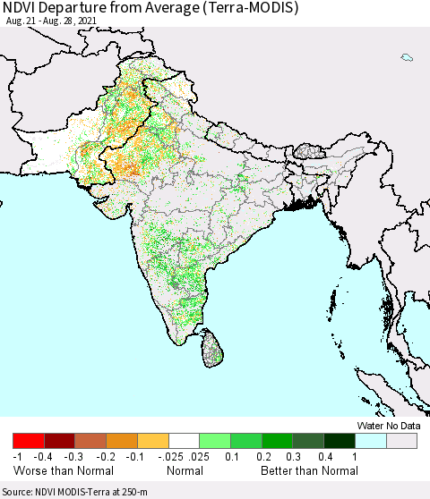 Southern Asia NDVI Departure from Average (Terra-MODIS) Thematic Map For 8/21/2021 - 8/28/2021