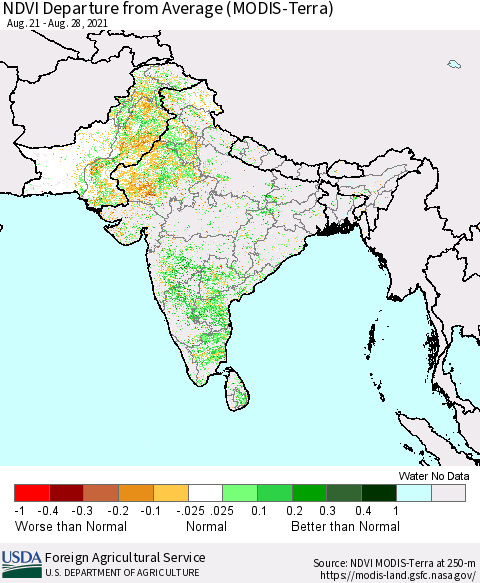 Southern Asia NDVI Departure from Average (Terra-MODIS) Thematic Map For 8/21/2021 - 8/31/2021