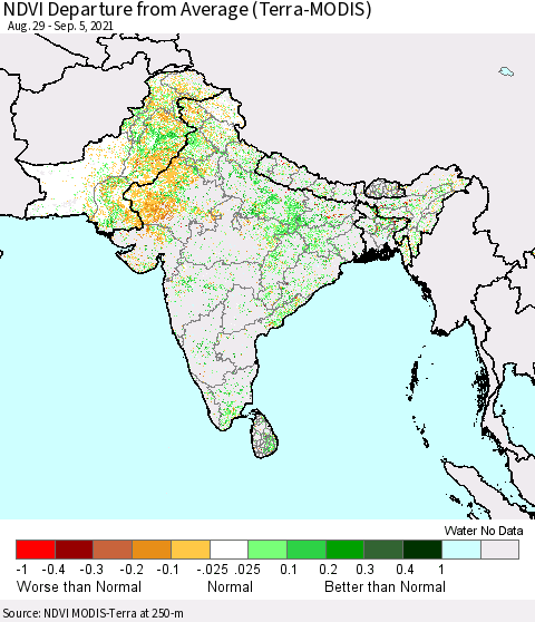 Southern Asia NDVI Departure from Average (Terra-MODIS) Thematic Map For 8/29/2021 - 9/5/2021