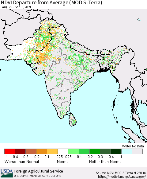 Southern Asia NDVI Departure from Average (Terra-MODIS) Thematic Map For 9/1/2021 - 9/10/2021