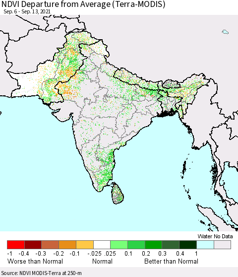 Southern Asia NDVI Departure from Average (Terra-MODIS) Thematic Map For 9/6/2021 - 9/13/2021