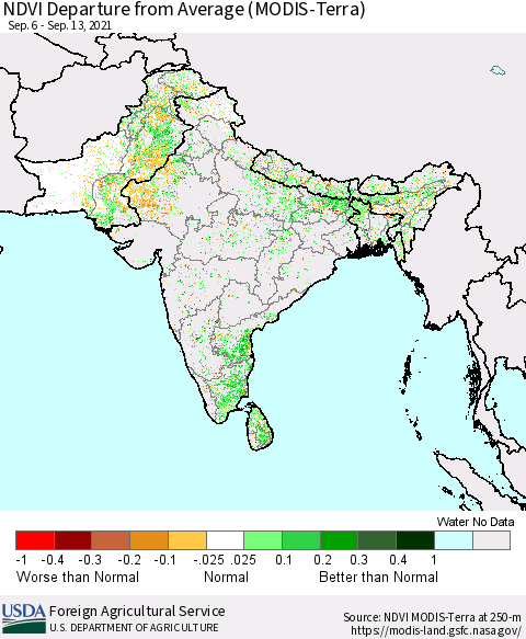 Southern Asia NDVI Departure from Average (Terra-MODIS) Thematic Map For 9/11/2021 - 9/20/2021