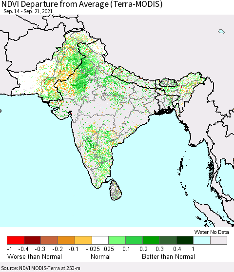 Southern Asia NDVI Departure from Average (Terra-MODIS) Thematic Map For 9/14/2021 - 9/21/2021