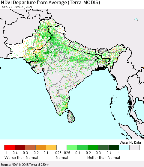 Southern Asia NDVI Departure from Average (Terra-MODIS) Thematic Map For 9/22/2021 - 9/29/2021