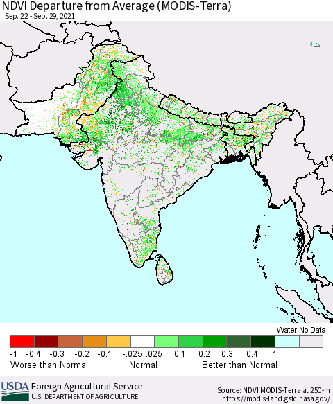 Southern Asia NDVI Departure from Average (Terra-MODIS) Thematic Map For 9/21/2021 - 9/30/2021