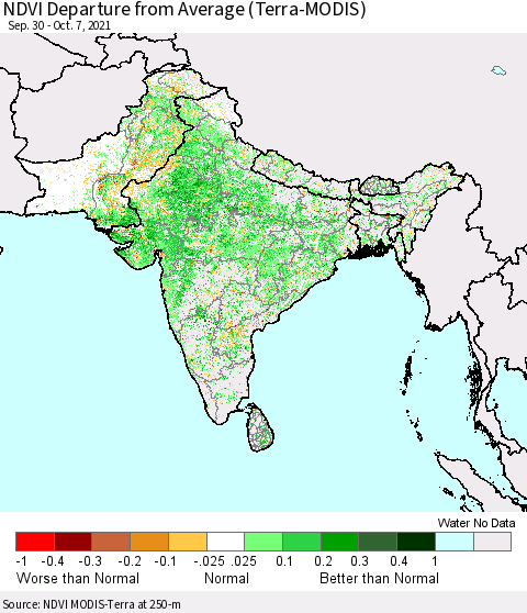 Southern Asia NDVI Departure from Average (Terra-MODIS) Thematic Map For 9/30/2021 - 10/7/2021