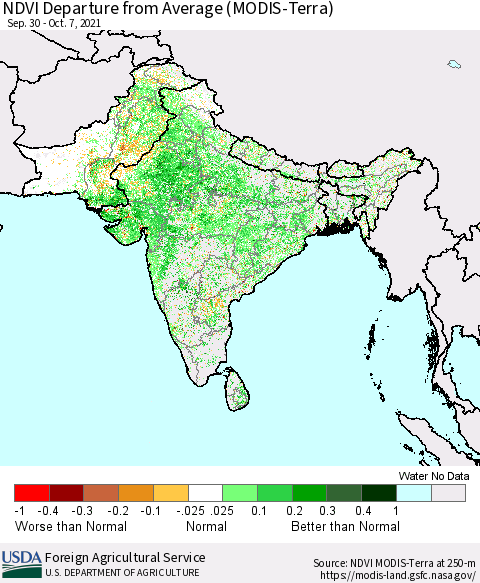 Southern Asia NDVI Departure from Average (Terra-MODIS) Thematic Map For 10/1/2021 - 10/10/2021