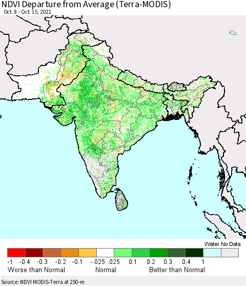 Southern Asia NDVI Departure from Average (Terra-MODIS) Thematic Map For 10/8/2021 - 10/15/2021