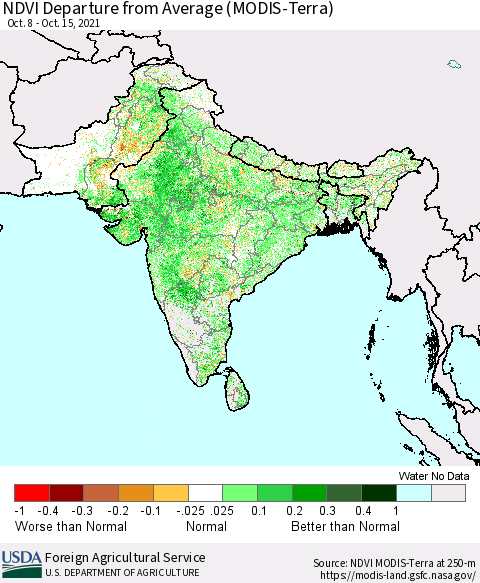 Southern Asia NDVI Departure from Average (Terra-MODIS) Thematic Map For 10/11/2021 - 10/20/2021