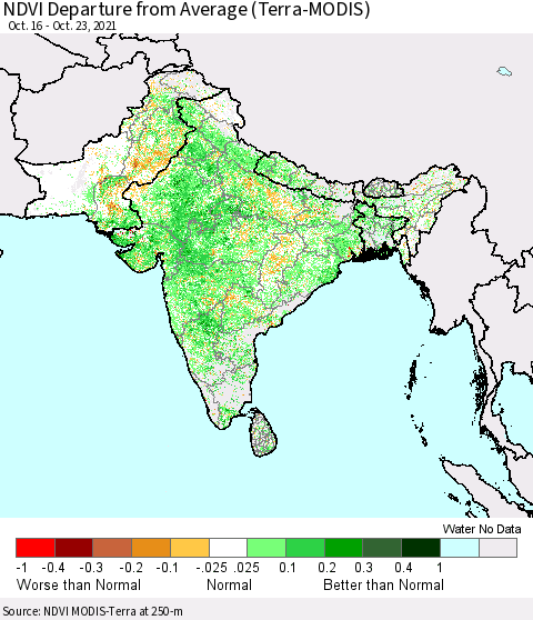 Southern Asia NDVI Departure from Average (Terra-MODIS) Thematic Map For 10/16/2021 - 10/23/2021