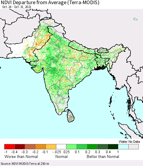 Southern Asia NDVI Departure from Average (Terra-MODIS) Thematic Map For 10/21/2021 - 10/31/2021