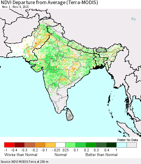 Southern Asia NDVI Departure from Average (Terra-MODIS) Thematic Map For 11/1/2021 - 11/8/2021