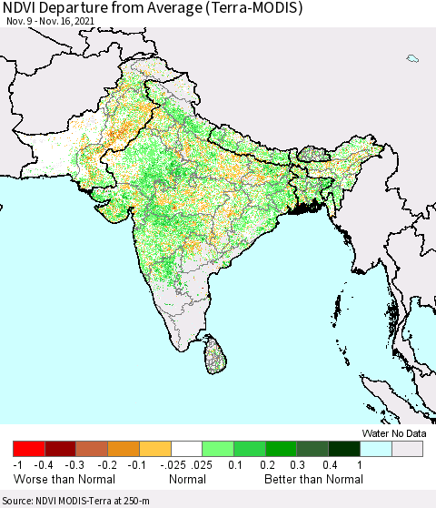 Southern Asia NDVI Departure from Average (Terra-MODIS) Thematic Map For 11/9/2021 - 11/16/2021