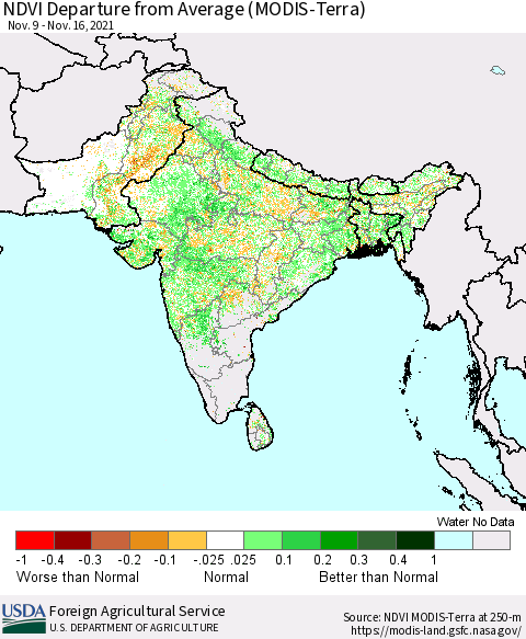 Southern Asia NDVI Departure from Average (Terra-MODIS) Thematic Map For 11/11/2021 - 11/20/2021