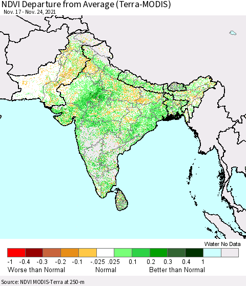 Southern Asia NDVI Departure from Average (Terra-MODIS) Thematic Map For 11/17/2021 - 11/24/2021
