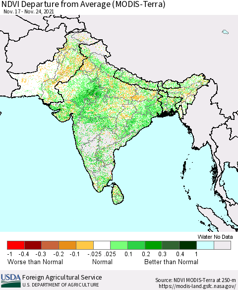Southern Asia NDVI Departure from Average (Terra-MODIS) Thematic Map For 11/21/2021 - 11/30/2021