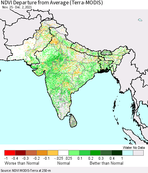 Southern Asia NDVI Departure from Average (Terra-MODIS) Thematic Map For 11/25/2021 - 12/2/2021