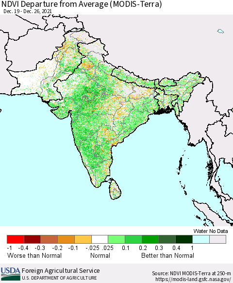 Southern Asia NDVI Departure from Average (MODIS-Terra) Thematic Map For 12/21/2021 - 12/31/2021
