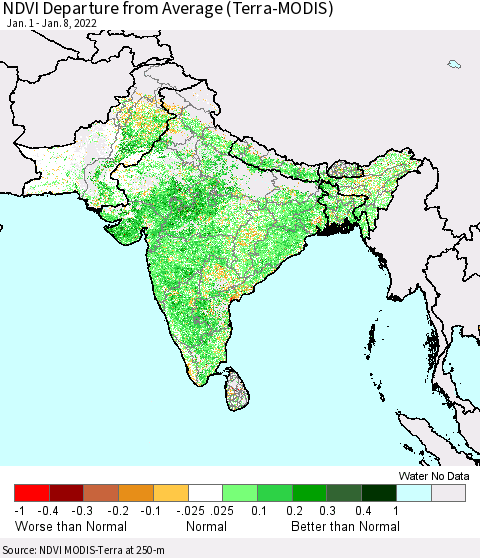 Southern Asia NDVI Departure from Average (Terra-MODIS) Thematic Map For 1/1/2022 - 1/8/2022