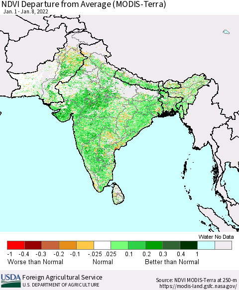 Southern Asia NDVI Departure from Average (Terra-MODIS) Thematic Map For 1/1/2022 - 1/10/2022