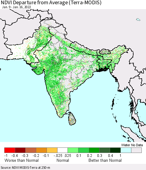 Southern Asia NDVI Departure from Average (Terra-MODIS) Thematic Map For 1/9/2022 - 1/16/2022