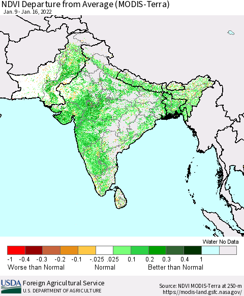 Southern Asia NDVI Departure from Average (Terra-MODIS) Thematic Map For 1/11/2022 - 1/20/2022