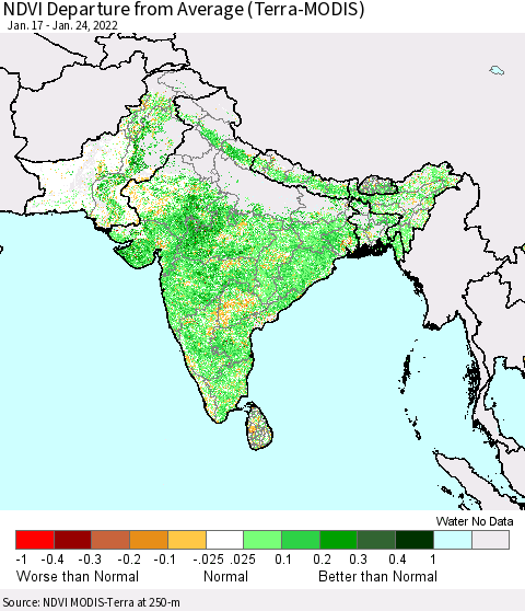 Southern Asia NDVI Departure from Average (Terra-MODIS) Thematic Map For 1/17/2022 - 1/24/2022