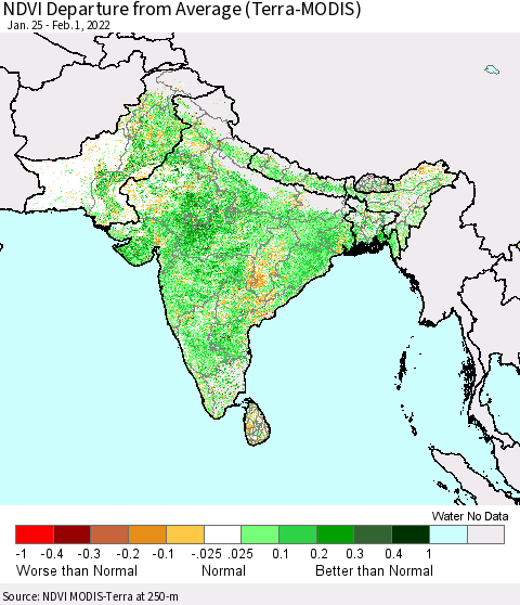 Southern Asia NDVI Departure from Average (Terra-MODIS) Thematic Map For 1/25/2022 - 2/1/2022