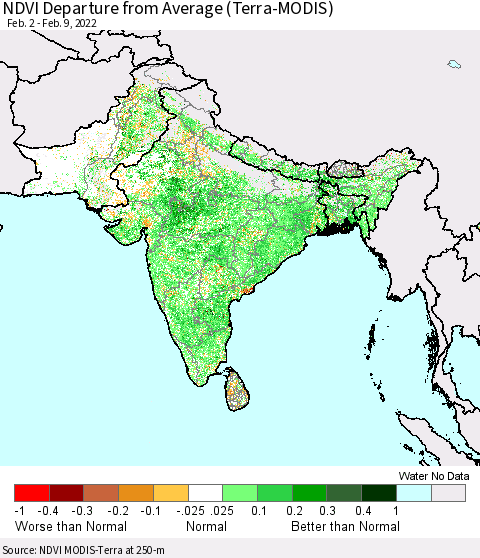 Southern Asia NDVI Departure from Average (Terra-MODIS) Thematic Map For 2/2/2022 - 2/9/2022