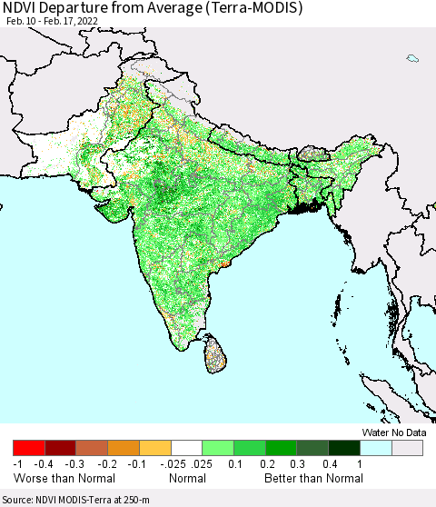 Southern Asia NDVI Departure from Average (Terra-MODIS) Thematic Map For 2/10/2022 - 2/17/2022