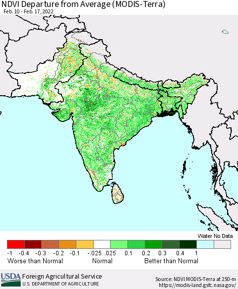 Southern Asia NDVI Departure from Average (Terra-MODIS) Thematic Map For 2/11/2022 - 2/20/2022