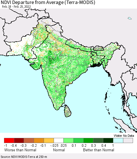 Southern Asia NDVI Departure from Average (Terra-MODIS) Thematic Map For 2/18/2022 - 2/25/2022