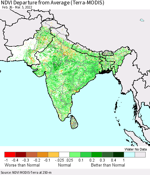 Southern Asia NDVI Departure from Average (Terra-MODIS) Thematic Map For 2/26/2022 - 3/5/2022