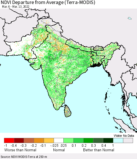 Southern Asia NDVI Departure from Average (Terra-MODIS) Thematic Map For 3/6/2022 - 3/13/2022