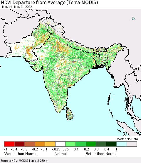 Southern Asia NDVI Departure from Average (Terra-MODIS) Thematic Map For 3/14/2022 - 3/21/2022