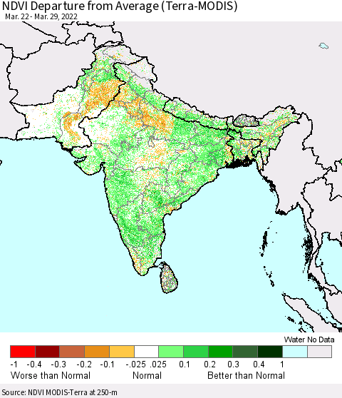Southern Asia NDVI Departure from Average (Terra-MODIS) Thematic Map For 3/22/2022 - 3/29/2022