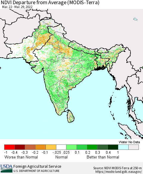 Southern Asia NDVI Departure from Average (MODIS-Terra) Thematic Map For 3/21/2022 - 3/31/2022