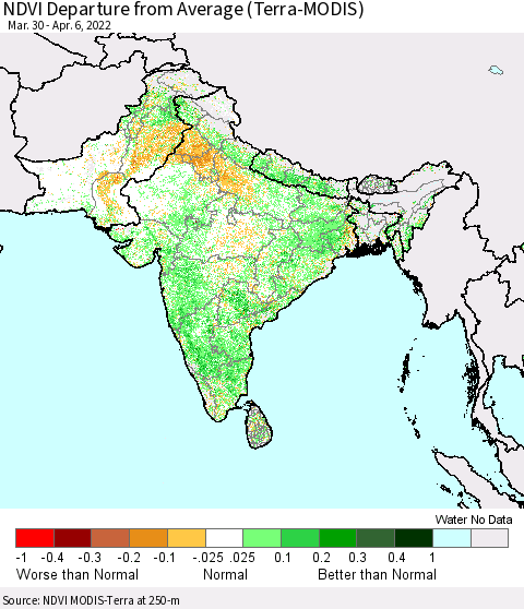 Southern Asia NDVI Departure from Average (Terra-MODIS) Thematic Map For 3/30/2022 - 4/6/2022