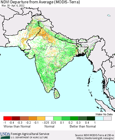 Southern Asia NDVI Departure from Average (Terra-MODIS) Thematic Map For 4/1/2022 - 4/10/2022