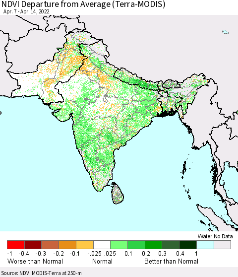 Southern Asia NDVI Departure from Average (Terra-MODIS) Thematic Map For 4/7/2022 - 4/14/2022