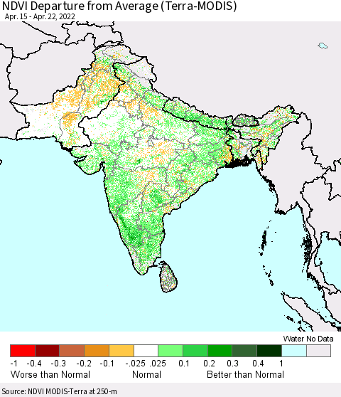 Southern Asia NDVI Departure from Average (Terra-MODIS) Thematic Map For 4/15/2022 - 4/22/2022
