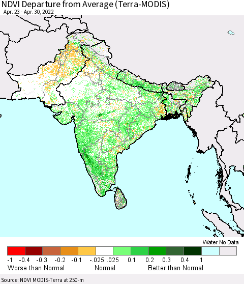 Southern Asia NDVI Departure from Average (Terra-MODIS) Thematic Map For 4/23/2022 - 4/30/2022