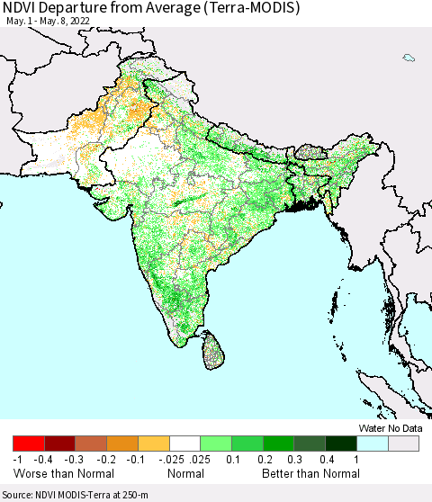 Southern Asia NDVI Departure from Average (Terra-MODIS) Thematic Map For 5/1/2022 - 5/8/2022